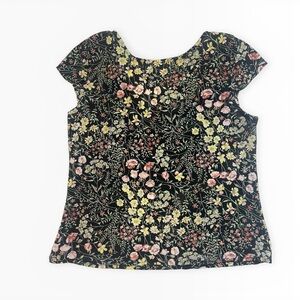 Amber California Black Floral Cap Sleeve Blouse with Yellow and Pink Flowers